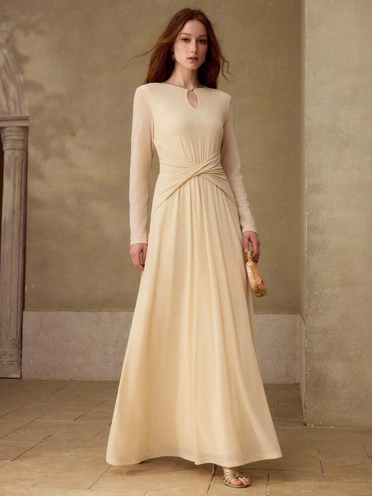 WOMEN'S COMMUTER PLEATED FITTED CROSSOVER KEYHOLE NECK MAXI DRESS