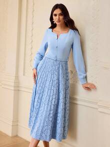 ZEYLAH Elegant Lace Pleated Midi Dress For Women - Blue - View 6
