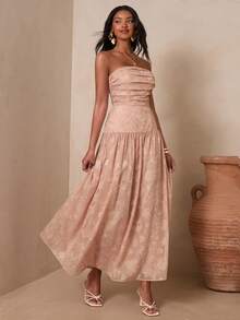 Enchnt 女士提花褶皱腰身优雅连衣裙，适合约会和派对穿着 - 藕粉色 - 查看 5