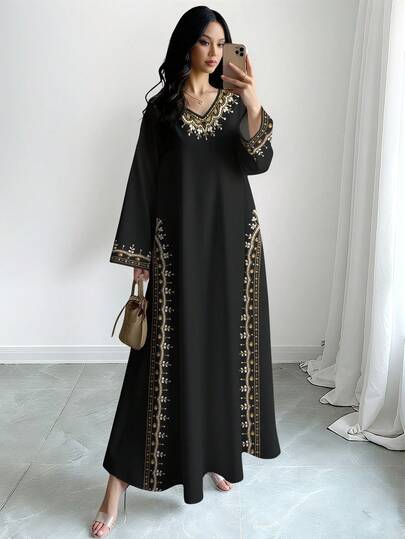 SHEIN Najma 女式花卉仿珍珠印花 V 领长袖优雅阿拉伯风格长裙，春秋装