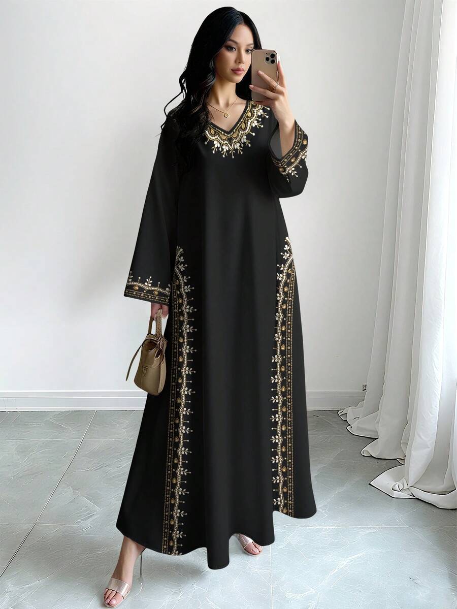 SHEIN Najma 女式花卉仿珍珠印花 V 领长袖优雅阿拉伯风格长裙，春秋装 - 彩色 - 查看 1