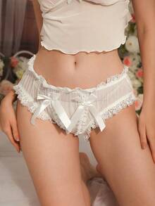 White Floral Lace Ruffle Trim Sheer Bowknot Cute Sweet Sexy Women Panties - White - View 5