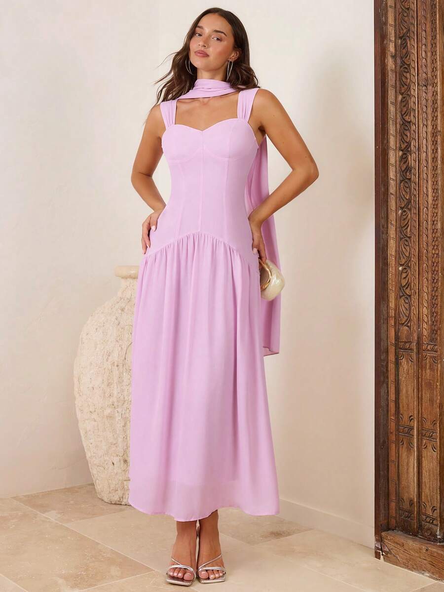 Enchnt Đầm chiffon xòe không dây vai, kèm thắt lưng, kiểu dáng dự tiệc. - Màu Lilac Tím - Xem 1