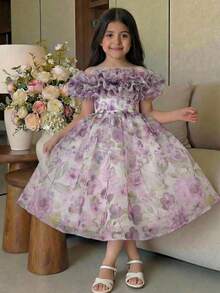 SHEIN Vestido informal de gasa con volantes en el bajo y estampado floral pequeño para niña preadolescente - Azul - Ver 4