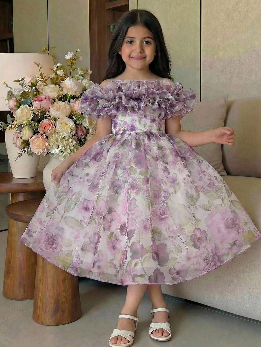 SHEIN 少女碎花雪纺荷叶边休闲连衣裙 - 藍色 - 查看 1