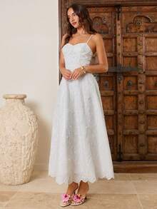 Enchnt 女士3D立体花卉装饰收腰无袖中长连衣裙 - 白色 - 查看 5