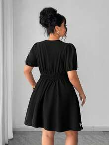 Elenzga Plus Size Women's Black And White Summer Elegant Wedding Guest V-Neck Ruffled Trim Short Sleeve Dress,Floral Ruffle Layered Hem Retro Dress - Black - View 2