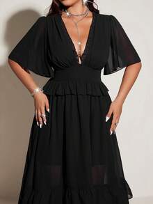 Viva Relle Spring, Summer, Fall New Vacation Elegant Chiffon Design V-Neck Ruffle Sleeve Irregular Hem Dress, Waist Cinched Flared Skirt Princess Sundress - Black - View 5