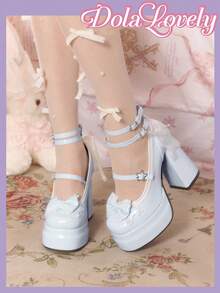 Dola Lovely 女士蓝色高跟玛丽珍鞋，闭趾防水，洛丽塔哥特风蝴蝶结甜美JK鞋 - 藍色皮面 - 查看 4