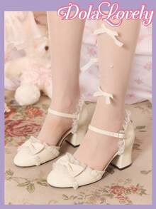 Dola Lovely Giày sandal nữ màu be da, ren, xếp ly, nơ, gót dày, kiểu Mary Jane Lolita ngọt ngào và dễ thương, đa năng. - Màu trắng - Xem 1