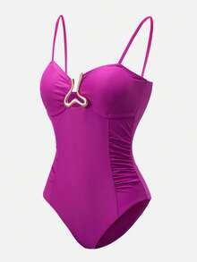Swim Oasis Bộ áo tắm liền thân và váy màu trơn trang trí kim loại dành cho nữ, thích hợp cho kỳ nghỉ biển, tiệc bể bơi, tiệc bãi biển. - Màu Hồng Tươi - Xem 8