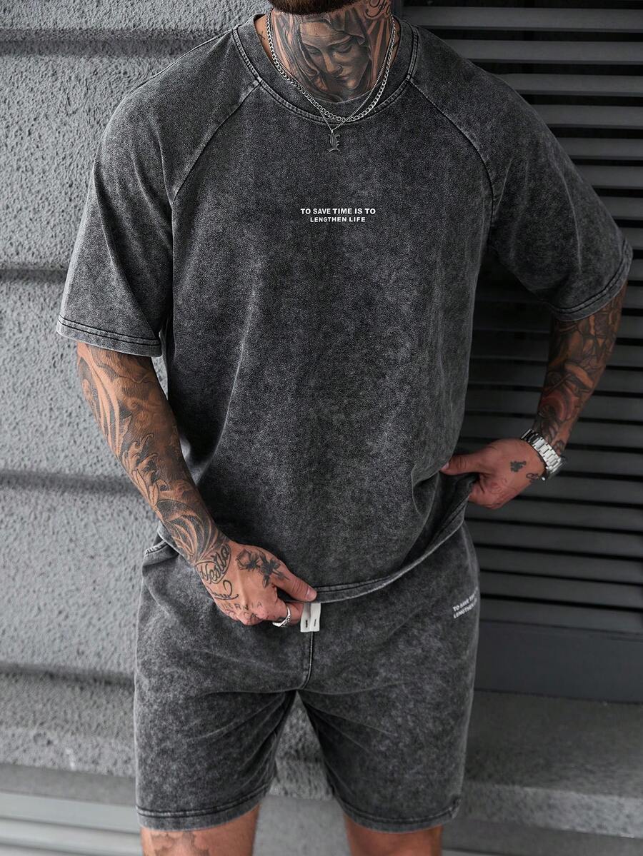 SLATEMANN 男士休闲标语印花短袖T恤短裤套装,夏季 - 黑色 - 查看 1
