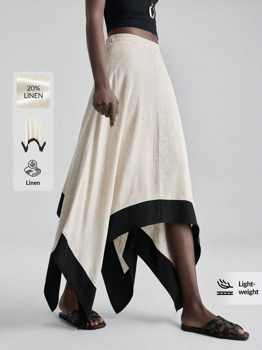 Ontre 2026春夏新款女士亚麻混纺不对称下摆半身裙，亲肤亚麻面料，撞色滚边，现代优雅婚礼宾客装，简约浪漫法式时尚奢华都市休闲商务办公装，低调复古高端都市通勤高品质机场邮轮中东必备单品，四季百搭婚礼系列女士半身裙 - 黑與白 - 查看 1
