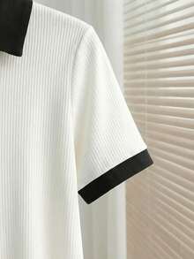 Franclia Áo len cổ polo, kiểu dáng xuân/hè mới, cài cúc trang trí kiểu Hàn Quốc, tay ngắn, có thể mặc riêng hoặc làm lớp lót, phối màu đen trắng, phong cách cổ điển, thời trang thường ngày, phù hợp cho công sở, trang phục công sở đa năng và sành điệu, trang phục chuyên nghiệp cho giáo viên thành thị. - Đen và trắng - Xem 4