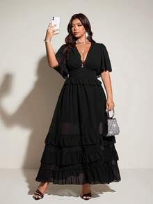 Viva Relle Spring, Summer, Fall New Vacation Elegant Chiffon Design V-Neck Ruffle Sleeve Irregular Hem Dress, Waist Cinched Flared Skirt Princess Sundress - Black - View 1