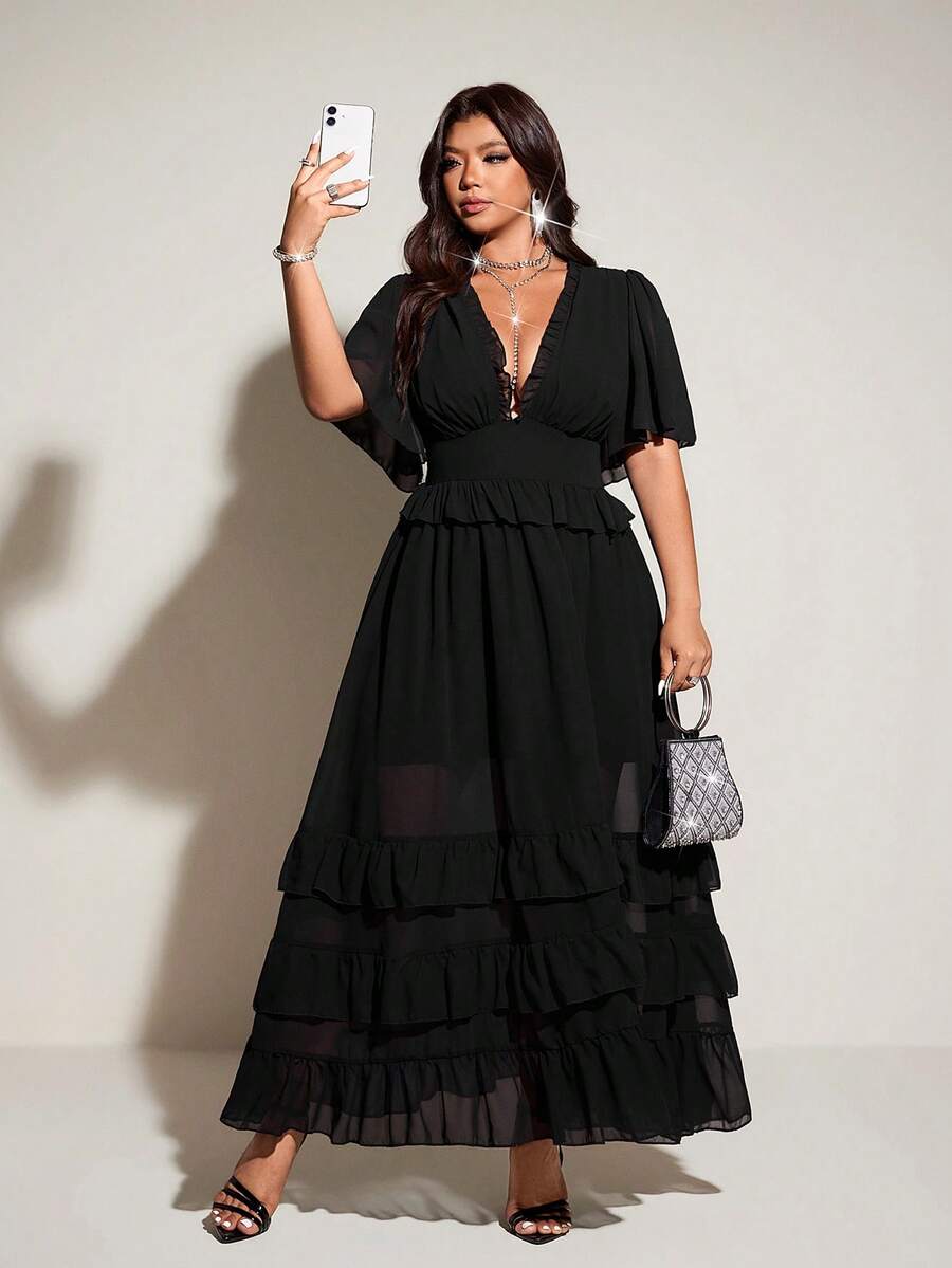 Viva Relle Spring, Summer, Fall New Vacation Elegant Chiffon Design V-Neck Ruffle Sleeve Irregular Hem Dress, Waist Cinched Flared Skirt Princess Sundress - Black - View 1