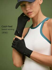 GLOWMODE Guantes sin dedos ligeros y elásticos con protección solar UPF 40+, compatibles con teléfonos, con logotipo reflectante, para natación, manicura, running, ciclismo, gimnasio, entrenamiento y uso diario casual - Negro - Ver 1