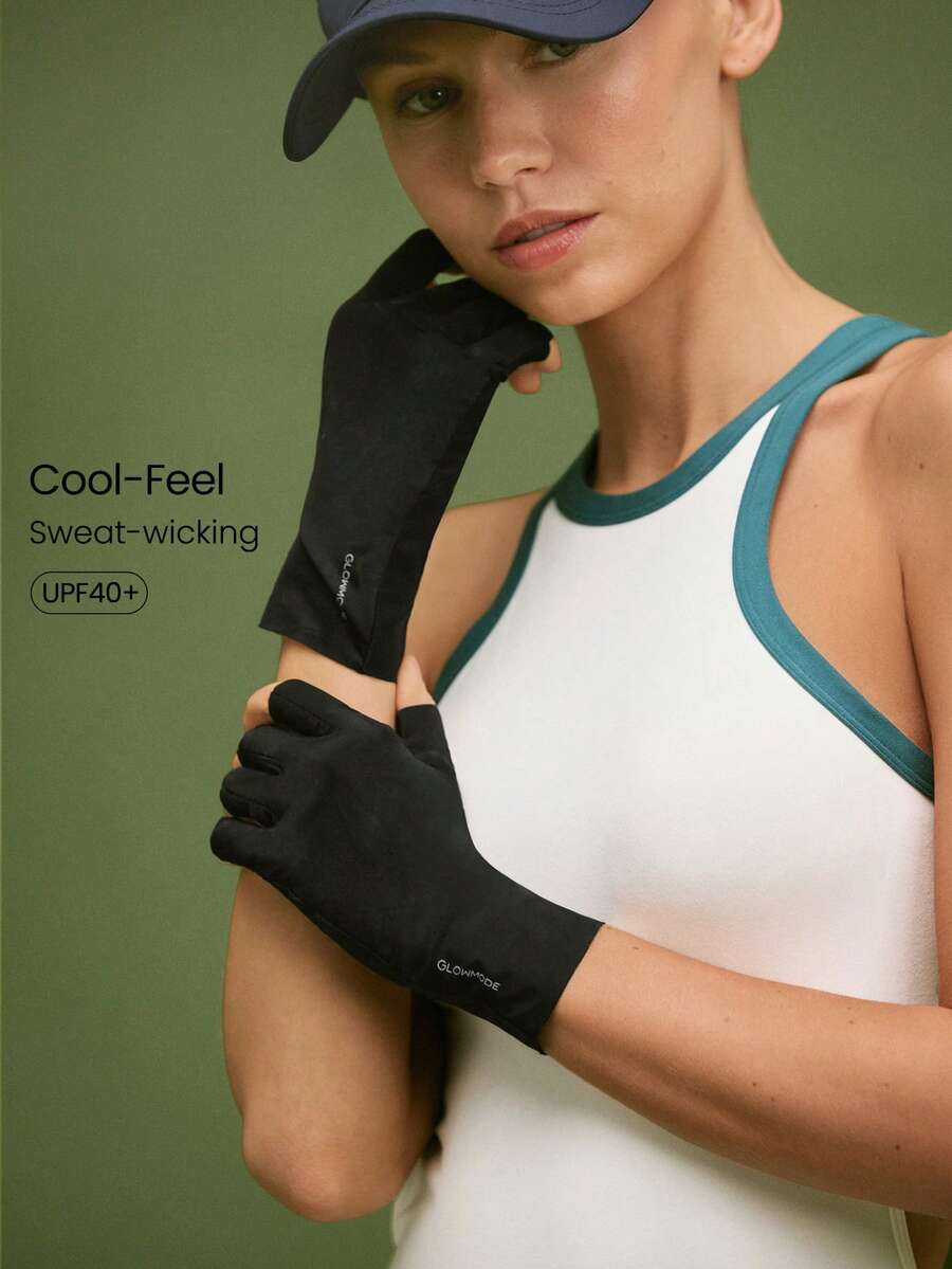 GLOWMODE Guantes sin dedos ligeros y elásticos con protección solar UPF 40+, compatibles con teléfonos, con logotipo reflectante, para natación, manicura, running, ciclismo, gimnasio, entrenamiento y uso diario casual - Negro - Ver 1
