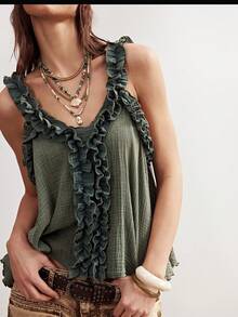 Bohemela Casual Solid Color Woven Ruffle Trim Loose Camisole For Women - Green - View 9