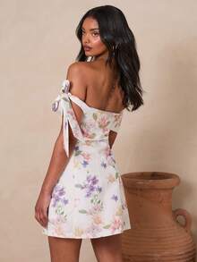 Enchnt Women's White Floral Summer Mini Dress, Cottage Core Tropical Off Shoulder Backless Bowknot Tie,Casual Holiday Party Brunch Vacation Wedding Guest - Multicolor - View 3