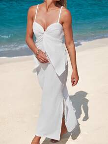 Swim Chiccia Vacation Travel Spring/Summer Knit Camisole 2 In 1 White Side Slit Dress - White - View 1