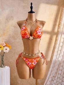 Bellisia Bộ bikini 3 mảnh in hoa dành cho nữ, điểm nhấn là họa tiết hoa kim loại và viền ren, kiểu dáng ngọt ngào và gợi cảm, thích hợp cho các bữa tiệc bãi biển và kỳ nghỉ. - Nhiều màu - Xem 4