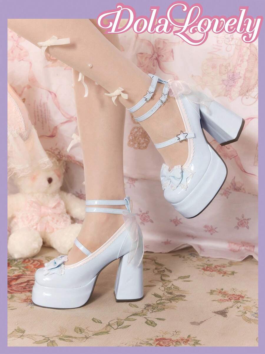 Dola Lovely 女士蓝色高跟玛丽珍鞋，闭趾防水，洛丽塔哥特风蝴蝶结甜美JK鞋 - 藍色皮面 - 查看 1