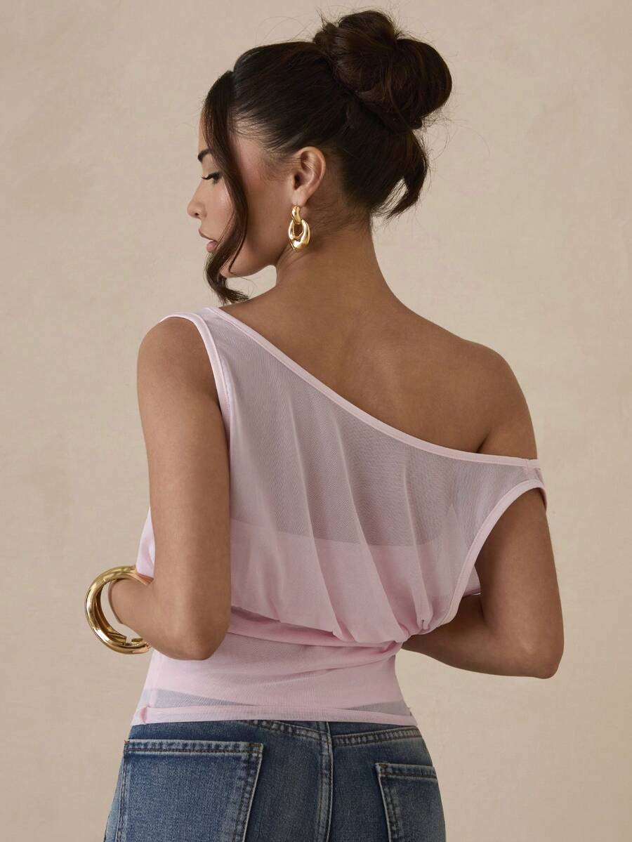 SHEIN Glamour 时尚网眼拼接设计双面无袖T恤，女士百搭夏季款 - 粉色 - 查看 1