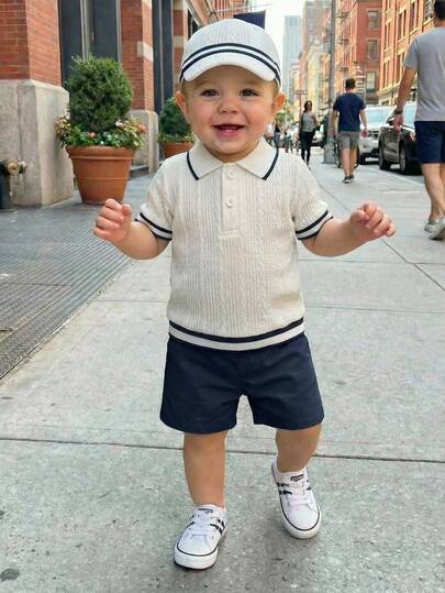 Souflis Souflis Set de 2 piezas de camisa de manga corta blanca y pantalones cortos azul marino estilo francés para niños pequeños, adecuado para primavera/verano, vacaciones, escuela y otras ocasiones