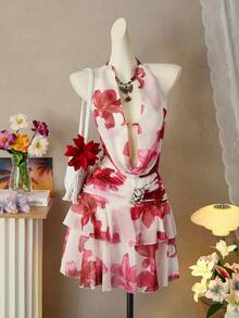 Nevyona Casual Elegant Floral Print Draped Neck Mini Dress For Women, Suitable For Party - Multicolor - View 3