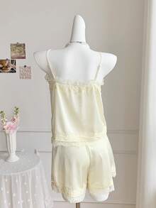 Comfortcana Women's Solid Color Contrast Lace Camisole And Shorts Set  Pajama Set Vacation Set Luxury Apricot Colored Patchwork Lace Satin Top And Shorts   Summer Outfits For Women Spring Spring Break Outfits   Spring Clothes Women  Vacation Graduation  Women  Wedding   Party  Ceremony  Elegant  Vacation Outfits Casual Casual Women's Set , Valentine's Day, Carnival, Beach, Holiday, Home Leisure, College, Party Lace Two Piece Set Satin Loungewear - Light Yellow - View 2