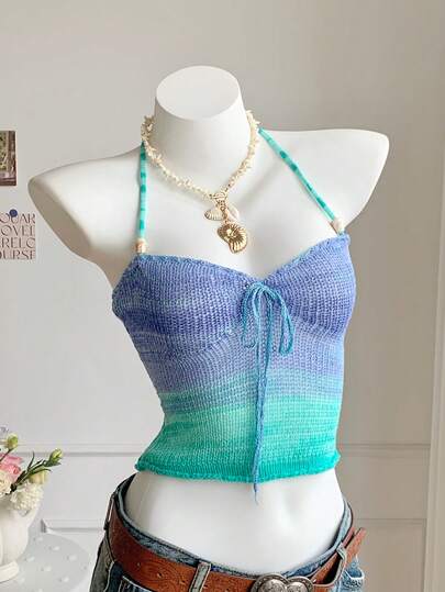 Comfortcana Women's Contrast Color Front Tie Casual Halter Knit Top