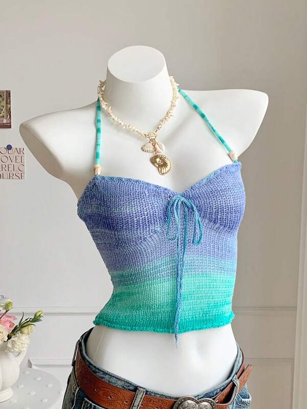 Comfortcana Women's Contrast Color Front Tie Casual Halter Knit Top