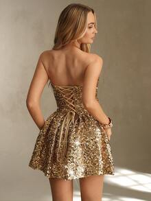 Glamine 女士亮片抹胸连衣裙，时尚名媛A字迷你连衣裙，派对鸡尾酒会连衣裙 - 香檳色 - 查看 7