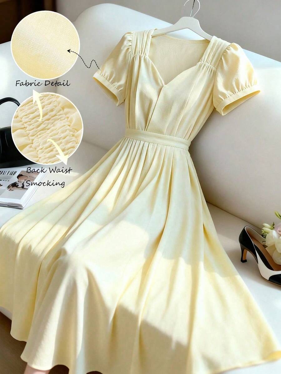 Lyxana Women's Solid Color Waist Gathered A-Line Dress, Elegant For Holiday, Commute, Fashion, Valentine's Day, Date, French Street Style, Vintage, Versatile Party Wear, Early Spring/Spring-Summer, New Arrival, Midi Length, Light Yellow - Light Yellow - View 1