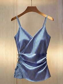 Franclia 新款时尚吊带条纹荷叶边装饰纽扣交叉前襟吊带背心，女士，春夏款 - 藍白色 - 查看 3