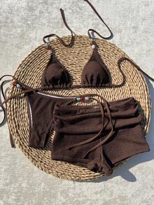 Swim Vcay 3pcs/Set Women's Wavy Pattern Tie-Up Beaded Decoration Shorts Bikini Set, Spring/Summer Brown Bathing Suit Women - Coffee Brown - View 6