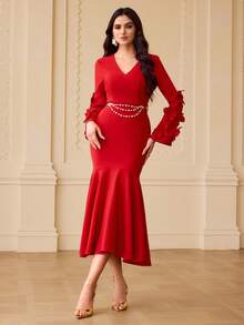 ZEYLAH 女士纯色V领优雅收腰中长鱼尾派对连衣裙 - 紅色 - 查看 4