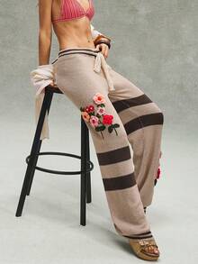 Bohemela 女士抽绳腰带 3D 立体花卉图案休闲百搭日常针织阔腿裤 - 棕色 - 查看 2