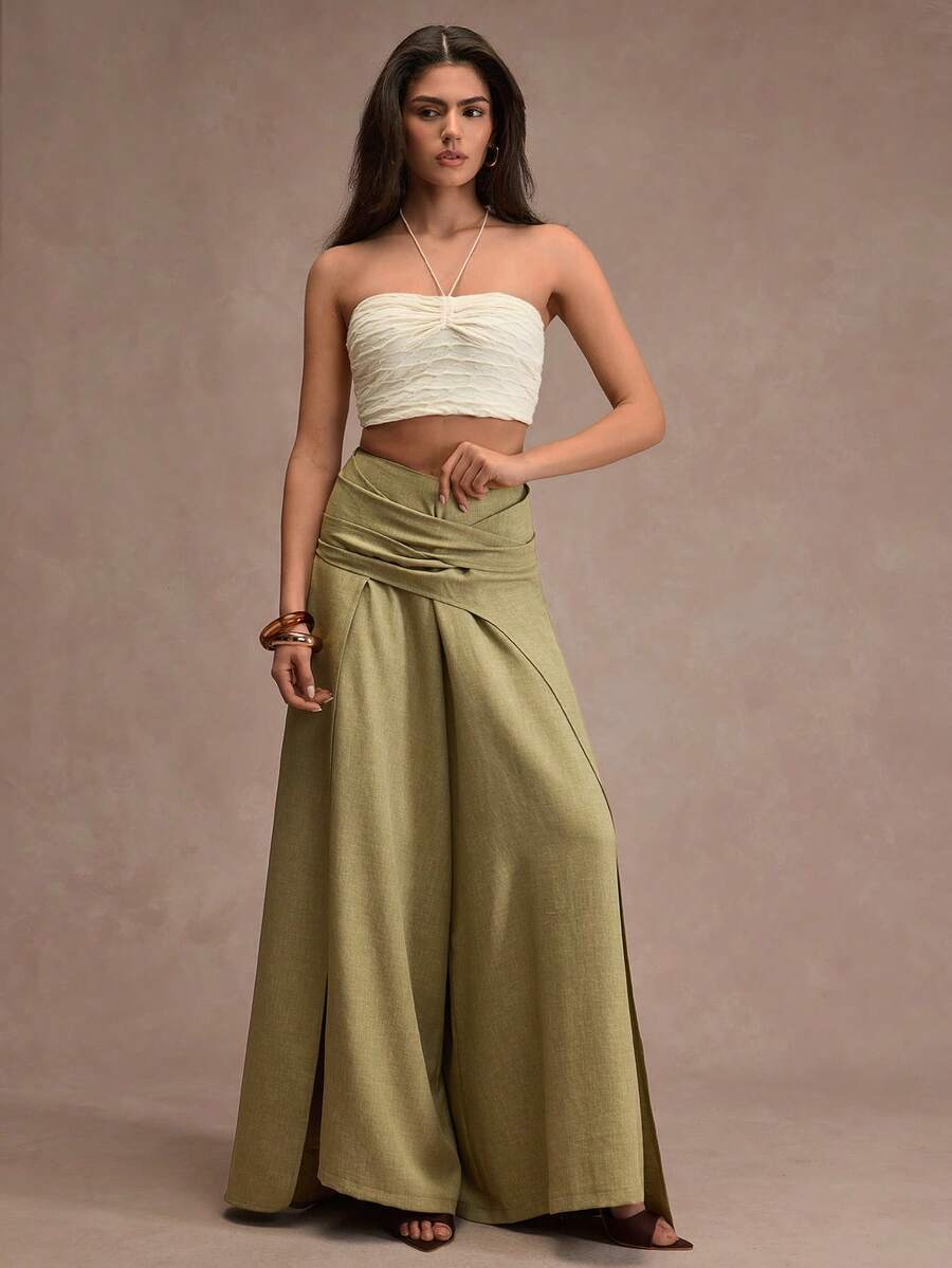 CLARA VERO Aki High Waist Wrap Maxi Skirt Pants: Loose Flowy Fit And Adjustable Waist Tie, Perfect For Outdoor Events Or Stylish Daywear, Made In Non-Elastic Linen Look Polyester Featuring Hidden Back Zip And Overlapping Skirt Layer Wide Leg Pants Woman High Waist Palazzo Pants Women Wide Leg Trousers For Women Tall Pallazo Pants Summer Outfits For Women Pants - Khaki - View 1