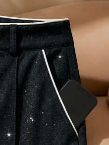 Franclia Modische, glänzende Kontrastfarben Saum Retro Chic Hohe Taille Schlankheits Weite Bein Gerade Hose für Frauen - Schwarz - Übersicht 7