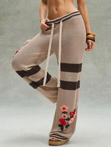 Bohemela 女士抽绳腰带 3D 立体花卉图案休闲百搭日常针织阔腿裤 - 棕色 - 查看 7