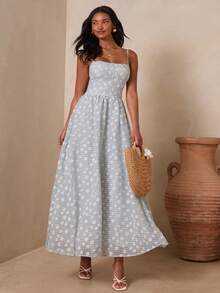 Enchnt Women's Elegant Grey Plaid Summer Cottage Core Brunch Sleeveless Dress, Chic Sweet Blue Plaid Beach Long Vacation Outfits Bridal Shower Guest - Blue - View 5