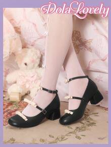 Dola Lovely Giày cao gót nữ màu đen da, mũi tròn, khóa nơ, kiểu Mary Jane, quai ngang mắt cá chân, gót trung bình, phong cách Sweet Vitality, giày cao gót đa năng cho việc đi lại hàng ngày. - màu đen - Xem 3