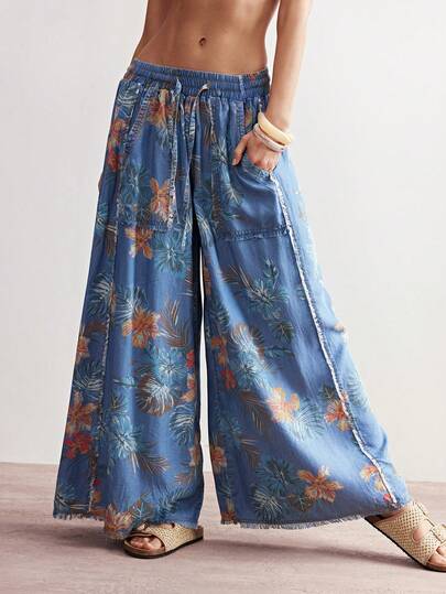 Bohemela Women's Casual Woven Denim Wide Leg Pants