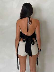 Glamine 新款黑色露背流苏上衣，性感派对上衣 - 黑色 - 查看 6