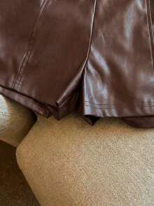 Franclia Fashionable Refined PU Leather Cinched Waist Women Shorts - Brown - View 3