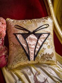 PinupPomp Contrast Color Black Pink Bow Satin Ruched Lace Patchwork Bodycon Retro Romantic Comfortable Women's Panties - Pink - View 8
