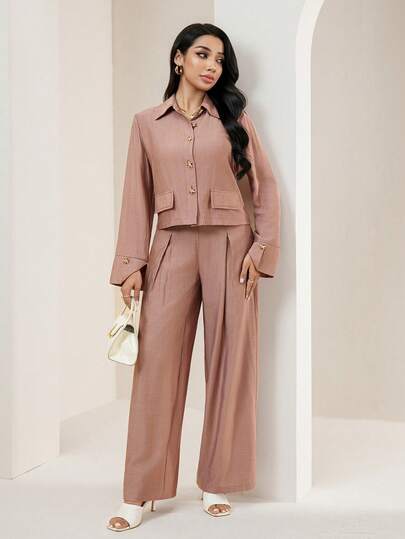 Veilorie Women's Solid Color Single-Breasted Long Sleeve Top And Wide Leg Pants Casual 2 Pieces Set