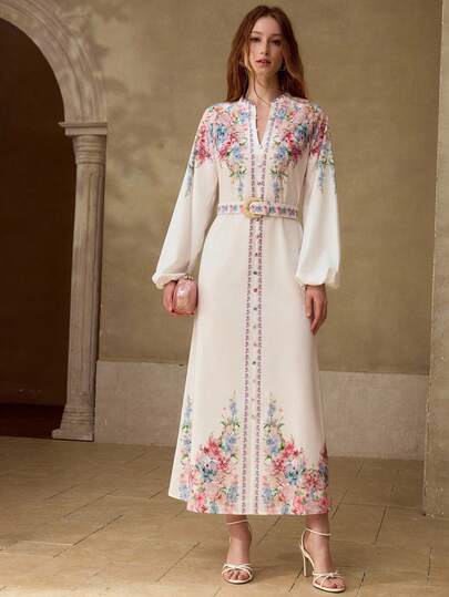 MOTF PREMIUM WOMEN'S ELEGANT FLORAL PRINTED LONG SLEEVE DRESS